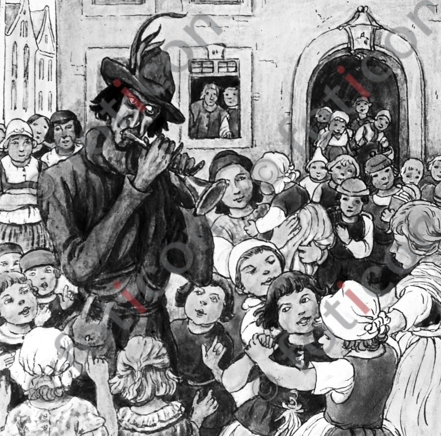 Der Rattenfänger von Hameln lockt die Kinder | The Pied Piper lures the children (foticon-600-simon-166a-006-sw.jpg)